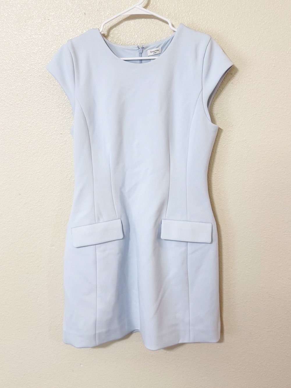 Aritiza Babaton FigureKnit Priestly Flap Pocket Mini Dress in Midday Blue NEW - Picture 5 of 9